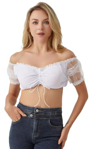 Mukum Women German Dirndl Blouse Bavarian Oktoberfest Costume White Lace Off the Shoulder Top Shirts for Women Beer Festival Medium