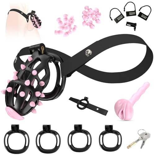 BDSMJOY G-3.0 Peniskäfig Set,Deluxe 3-IN-1 Keuschheitskäfig Herren,mit Fake Frau Pussy Penis Plug + Anti-Fall Chastity Cage Gürtel + Abnehmbar CBT Weicher Spikes,Keuschheitsgürtel für Herren (L)