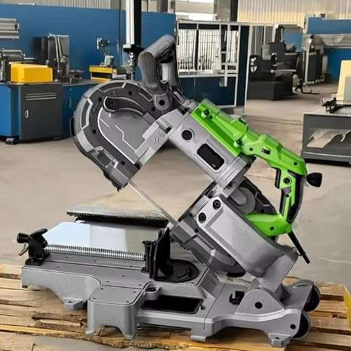 Sega a nastro portatile, taglio profondo, velocità variabile, 0,7-2,4 m/s, regolazione 1-6 marce, luce LED, doppio interruttore, regolazione dell'angolo 0-45-90° per metallo/legno