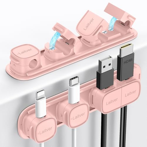 Cable Clips Holders - Laitver 6 Pack [Magnetic Buckle 1s Open/Lock] Cable Tidy Cord Organiser Management, No-Residue Strong Adhesive Desk Wire Charging Cords Keeper for Home, Office- Pink