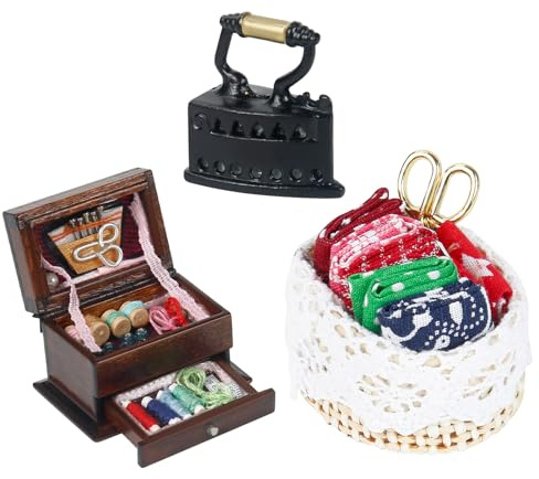 Accesorios para casa de muñecas, accesorios para casa de muñecas, 1/12, caja de costura en miniatura, 3 capas y cesta de costura en miniatura, plancha de hierro, casa de muñecas, sala de costura