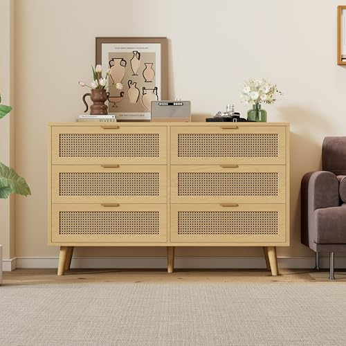 Merax Rattan Sideboard Kommode mit 6 Schubladen, Sideboard Holz Küchenschrank Buffet mit Metallgriffe, für Küche, Esszimmer, Wohnzimmer, Flur, Eiche/120x40x76.5cm