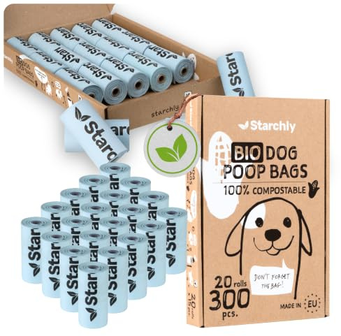 Starchly 300 Stück Hundekotbeutel biologisch abbaubar - 20 Rollen Kotbeutel für Hunde - Bio, Kompostierbare Beutel aus Maisstärke - 15 pro Rolle - Reißfest, Auslaufsicher, blau - MADE IN EU