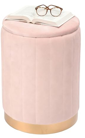 Sgabello Relaxdays in Velluto, con Contenitore, Imbottito, HxP: 42 x 32 cm, Rotondo, Soggiorno, Rosa Antico