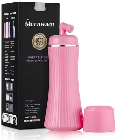 Mornwaen Peri-flaska postpartum, uppgradering 400 ml bärbar bidé med utdragbar spruta för resor och camping, 3 läckagesäkra tätningar, nödvändigheter för postpartum för mamma (rosa)