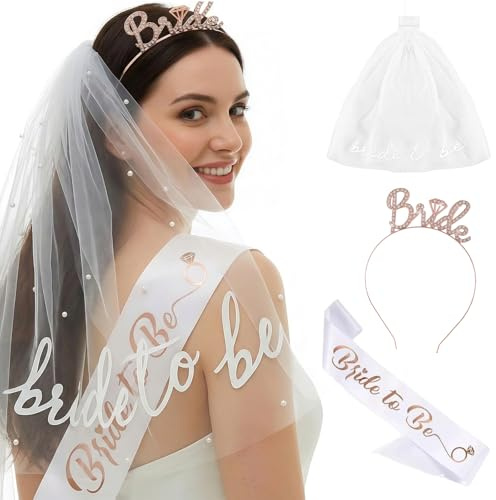 Vesavifaka JGA Accessoires Frauen, 3 Stück Bride to Be Schleier Schärpe Brauttiara Set, Bride Haarreif, Bride to Be Deko, JGA Deko Frauen für Hochzeit Brautparty Junggesellenabschied Dekoration