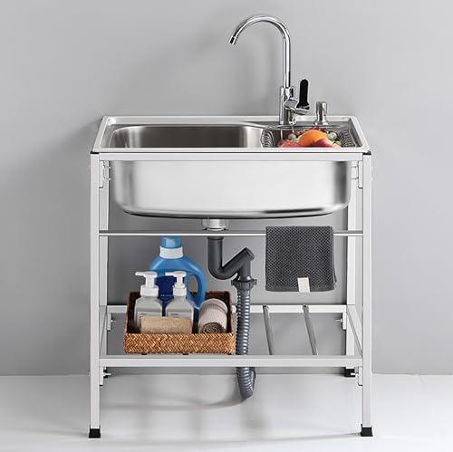 Lavandini autoportanti in acciaio inossidabile 304 con scarico a 1 scomparto per garage, ristorante, lavanderia, interni ed esterni, 71 x 50 x 85 cm