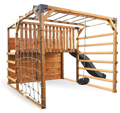 HATIS - Holz-Kinderspielplatz Kubu mit Kletternetz, Kletterwand, Hänkel-Schaukel, 220cm Rutsche, Plattform und Bodenankern, imprägniertes FSC-Holz, 240x256x207cm - braun/anthrazit Farbe