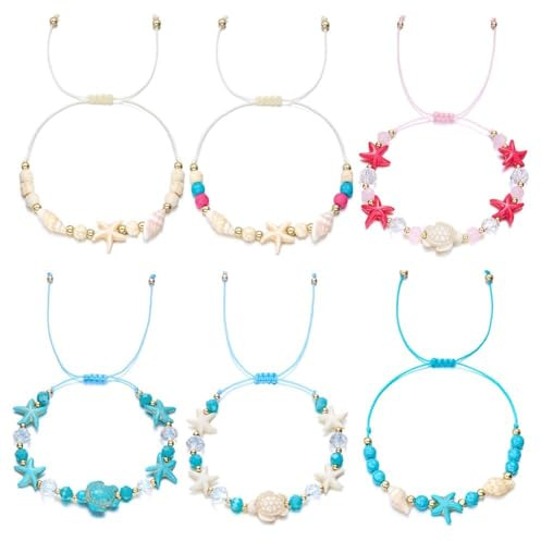 SDFWGG 6 Pièces Bracelet Coquillage Étoile de Mer Bracelets Plage D'été Femme Coquillage Surfeur Empilables Bracelets Perles Coquillages Étoile de Mer