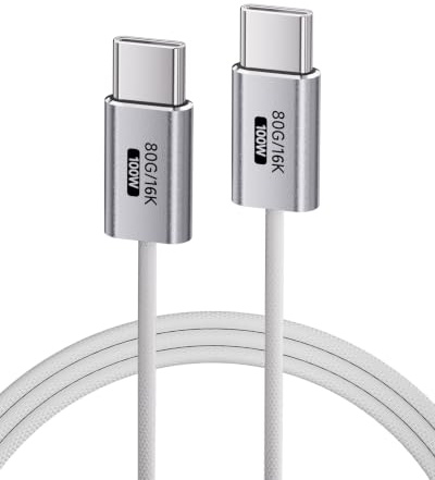 KMMXXCPM [Bianco,1M Flessibile Cavo USB C Trasferimento dati a 80 Gbps Compatibile con Thunderbolt 5/4/3,Cavo USB-C 100W Ricarica Rapida,16K/8K/4K USB C Monitor Per Tablet,Docking,SSD,Laptops.