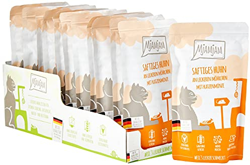 MjAMjAM - Premium Nassfutter für Katzen - Quetschie - saftiges Huhn an leckeren Möhrchen, 12er Pack (12 x 125 g), getreidefrei mit extra viel Fleisch