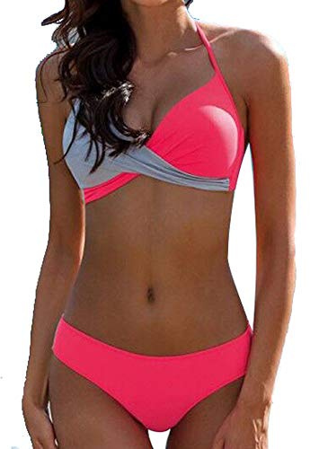 JFAN Donna Costume da Bagno Push Up Imbottito Reggiseno Bikini Donna Due Pezzi Swimwear Abiti da Spiaggia (Rosa,L)
