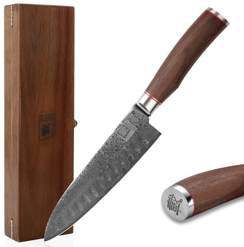 Zayiko Kurumi Premium Santokumesser mit 17,5 cm Klinge gefertigt aus 67 Lagen echtem Damaststahl mit Nussbaumgriff I Holzbox I Damastmesser Küchenmesser und Profi Kochmesser