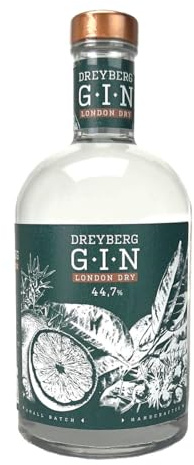 Dreyberg | London Dry Gin | 700 ml | Super Premium distilled London Dry Gin | Mit handgelesenen Kräutern & Früchten | Wacholdernoten im Vordergrund | Bitter-süß