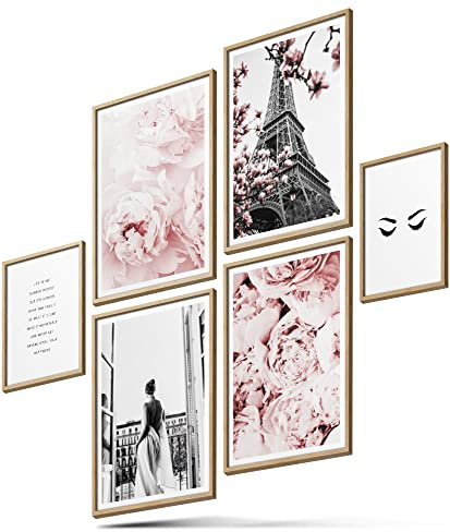 BLCKART Rose Paris Poster Set – Rosa Blumen & Paris Wandbilder für Schlafzimmer & Wohnzimmer – Rosen, Kirschblüten & City Bilder (4x A4 | 2x A5 | ohne Rahmen)