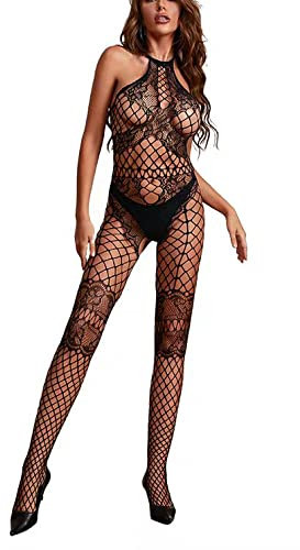 Sniff Rose Damen Fischnetz Reizwäsche Netzwäsche Netzstrümpfe Ouvert Halter Bodys Sexy Strumpfhosen Nachtwäsche Unterwäsche Rückenfreier Netzstrumpf mit offenem Schritt (Schwarz)