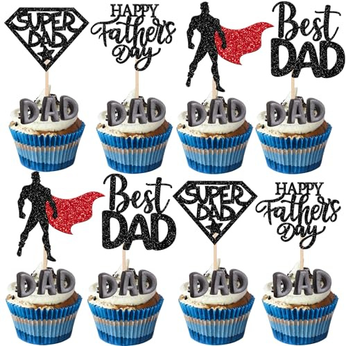 Xsstarmi 24 PCS Happy Father's Day Cupcake Toppers Glitter Superhero Father Best Dad Super Dad Cupcake Picks for Happy Father's Day Birthday Party Cake Decorations Supplies Black…