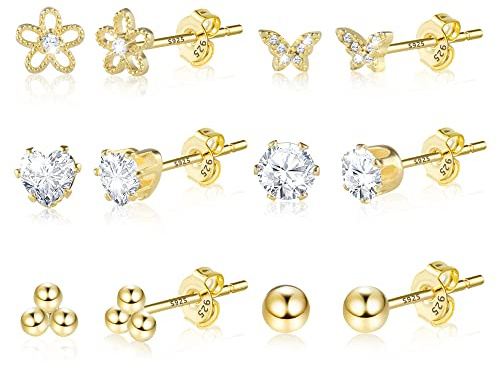Kleine Gold Ohrstecker Ohrringe Set Damen, 6 Paar Multipack 14K Vergoldete Ohrstecker Silber 925 Damen, Hypoallergen Unisex Klein Schlafen Knorpel für Mehrere Ohrlöcher