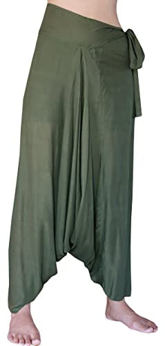 RaanPahMuang Brand Light Rayon Viscose SideTie Mao Aladdin Hmong Pants, Army Green, Medium