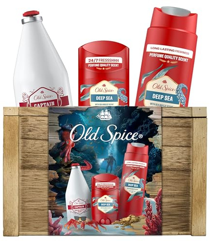 Old Spice Coffret cadeau Treasure Chest pour homme avec déodorant Stick Deep Sea Déodorant Spray, Gel douche et après-rasage Captain
