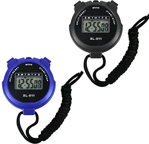 2pcs Digital Sports Stopwatch Timer Stopwatch Large Display Interval Training Timer Outdoor Split Stop Watch Lap Timer Digital Calendar Alarm Clock Referee Watch for Running(Blue&Black)