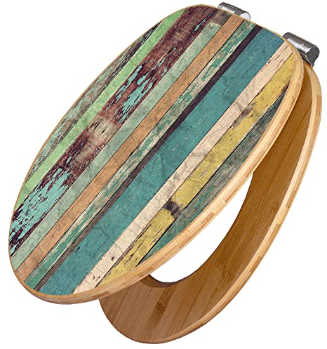 banjado Design WC Sitz Bambus Absenkautomatik 45,8x37,5cm / Toilettendeckel mit Absenkautomatik Holz/hochwertiger Bambus Klodeckel/WC-Sitz für gängigen Toiletten/Motiv Bunte Bretterwand