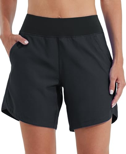 WILLIT Badshorts för kvinnor, 18 cm (7 tum), för simning, brädshorts, badbyxor, snabbtorkande bikinishorts med hög midja, UPF50+-skydd, med fodrade fickor, svart, EU 36 (US 4)