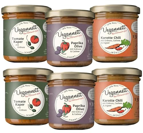 VEGANNETT Bio Brotaufstrich mit Cashew & Erdnuss (Feinkost) 6 x 135 g | Handwerklich hergestellter Aufstrich mit regionalem Gemüse und exotischen Gewürzen | Herzhaft, vegan & ohne Zusatzstoffe