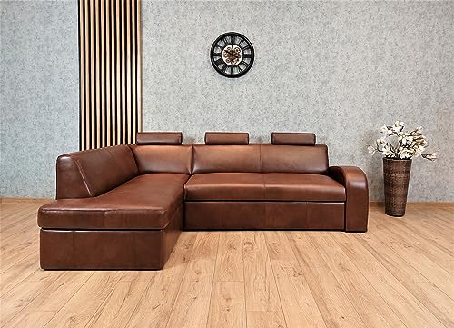 Quattro Meble Echtleder Ecksofa Antalya II 3z 245 x 164cm Leder Sofa Couch mit Schlaffunktion, Bettkasten und Kopfstützen Eck Couch Echt Leder Antique Ecke (164x245 cm Ecke Links)