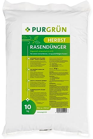 Purgrün® Herbstrasendünger 10 kg für 250 m² – Extra Kalium schützt vor Frostschäden – Zuverlässige Sofort- und Langzeitwirkung – Organisch-mineralische Rezeptur – NPK 6+3+13