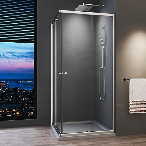 Duschkabine 75x75cm Eckeinstieg Schiebetür,Doppel Schiebetür Eckeinstieg Duschwand 6mm ESG Glas Duschabtrennung Dusche Duschwand,Silberner Rahmen,Montage auf Duschwanne Oder Fliese,Höhe 185cm