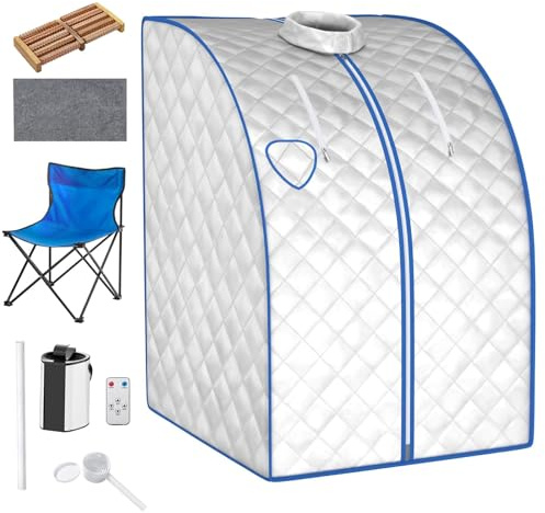 RELAX4LIFE Portable Steam Sauna, Folding Full Body Steamer Tent with Remote Control, Folding Chair, Foot Massage Roller, 9-Level Temperature & Timer, Personal Spa Box for Detoxify Slimming (Silver)