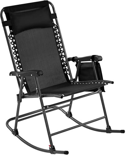 Yaheetech Sedia a Dondolo Paltrona Pieghevole Reclinabile da Esterno Giardino Portata 120 kg con Braccioli e Poggiatesta da Campeggio Balcone Nero 102 x 65,5 x 103 cm