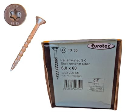 Vis ossature bois 6x60 mm - vis charpente et assemblage bois - anti corrosion 1000 heures - Eurotec Paneltwistec 1000 - Tête conique - Torx TX30 - Boîte de 200 vis