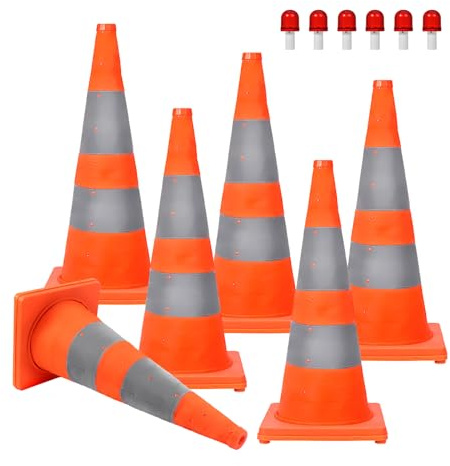WHDZ 28 Inch Collapsible Traffic Safety Cones Orange Cones with Reflective Collar Multi Purpose Pop-up Cones for Driving Training, Parking Lots (6 Pack)