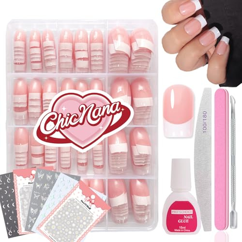 French False Nails Kit, 240Pcs Press On Nails with Stickers, False Nails With Glue Acrylic Fake Nails 12 Sizes Stick On Nails For Women French Tip Gift for Girls (Square)