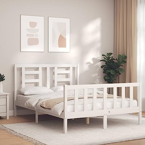 Bulliing Massivholzbett mit Kopfteil Bettgestell Bed Frame Holzbett Kopfteil Bett Schlafzimmer Bett Massivholzbetten Weiß 120x200 cm - 3192877