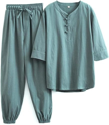 WHESAZYP Tai Chi Anzüge, Tai Chi Kleidung, Damen, Kung Fu Uniform, Baumwollleinen, Kampfsport-Set, Kurzarmhose, Zen-Meditationsuniform, Tang-Anzug, traditionelle chinesische Kleidung (Grün M)