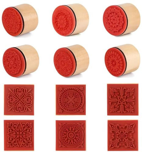 Fhioevt 12 Pezzi Timbri per Argilla Ceramica timbri di Gomma in Legno Motivo Fiori Timbro Rotondo e Quadrato Vintage timbro per Scrapbooking Album Biglietti Pasticcini Decorativi Timbri Set