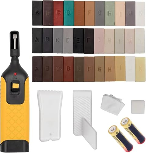 Reparatur Set Komplettset für Holz, Keramik, Kunststoff ReparaturKit Steinoberflächen 39-teilig 33 unterschiedliche Farbtöne Inkl Wachsschmelzer, Hobel & Schleifschwamm aller Art/Parkett