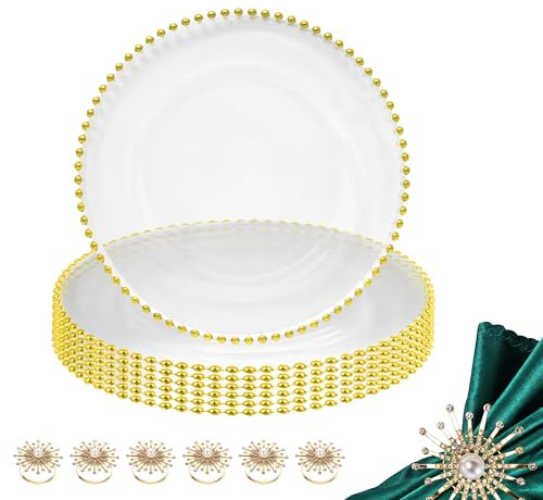 Clear Glass Charger Plate Set with Gold Beaded Rim & Pearl Diamante Napkin Rings – Elegant 33cm Chargers for Weddings, Parties, Banquets, Events & Luxury Table Décor - 6 Pcs