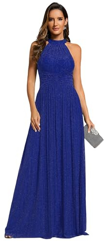 Ever-Pretty Vestido de Fiesta Largo de Noche Cuello Halter Pliegues Sin Mangas Brillante Corte Imperio Azul Zafiro 36