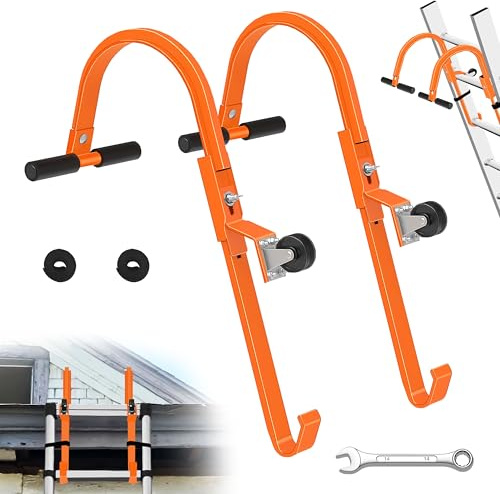 VONLX 2 Pack Ladder Roof Hooks, Heavy Duty Steel Extension Ladder Roof Stabilizer with Wheels for Roof Extension with Rubber Grip T-Bar, 500 lb Load Capacity, Easy to Access Steep Roofs