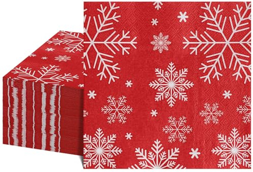 NatNarr 60 PCS Christmas Snowflake Napkins, 2 PLY Red Snowflake Paper Napkins, Christmas Serviettes for Xmas, Boxing Day, New Year and Winter Dinner Party