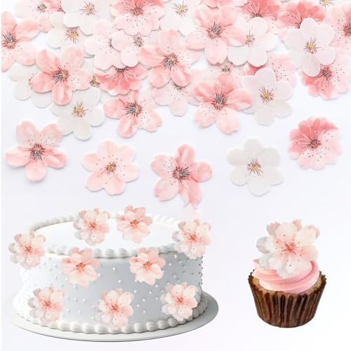 50Pcs Edible Cherry Blossoms Cake Decorations Edible Wafer Paper Cupcake Cake Dessert Decoration Picks Wedding Baby Shower Party Wedding Anniversary Birthday Party Decoration