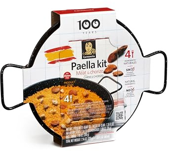 Carmencita Chorizo Paella Kit with Pan – Complete Set for 4 | Complete kit with enamelled pan, rice, olive oil and dehydrated chorizo broth – gluten free Spanish cooking kit