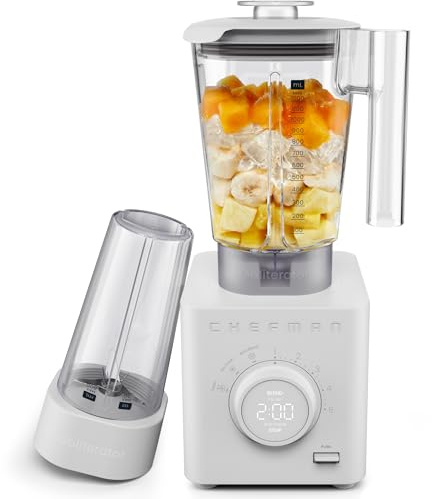 Chefman Obliterator 1.2L Standmixer für Smoothies, 1350W Motor zum Zerkleinern von Eis, Nüssen und gefrorenen Früchten mit Edelstahlklinge, Auto Blend Funktion, inkl. 600ml Reisebehälter – Betongrau