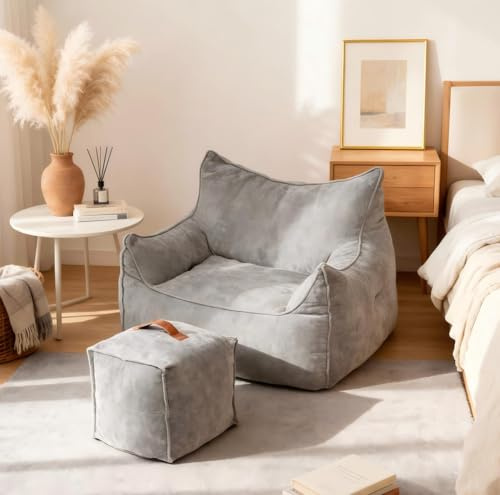 YU YUSING Pouf Poire Adulte XXL avec Repose-Pieds Intégré, Fauteuil Confortable de Lecture Gaming et Détente, pour Salon, Chambre, Polyvalent, Moderne, Velours Nuage, Petit Espace, Charge 150kg Gris