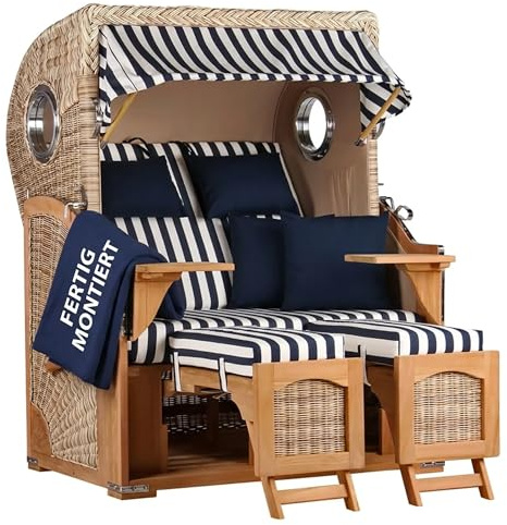 MR. DEKO Strandkorb Komplettset Düne Teak Holz | PE Rundgeflecht und Edelstahl Bullaugen | Inklusive Lifter System, Rollen und Abdeckhaube wetterfest | Zweisitzer Gartenkorb | 125x80x170cm