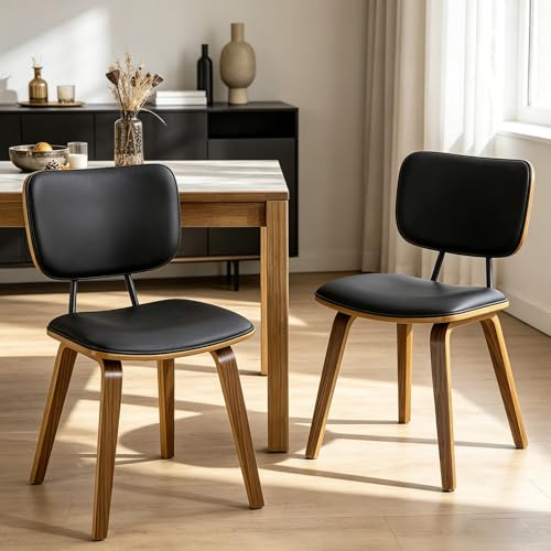 Esszimmerstühle 2er Set aus Bugholz, Gepolstert mit Kunstleder, 48 cm Sitzhöhe, Geschwungene Rückenlehne & Formholz Beine, Bequem & Stabil bis 150 kg Skandinavisches Design für Esszimmer Küche Schwarz